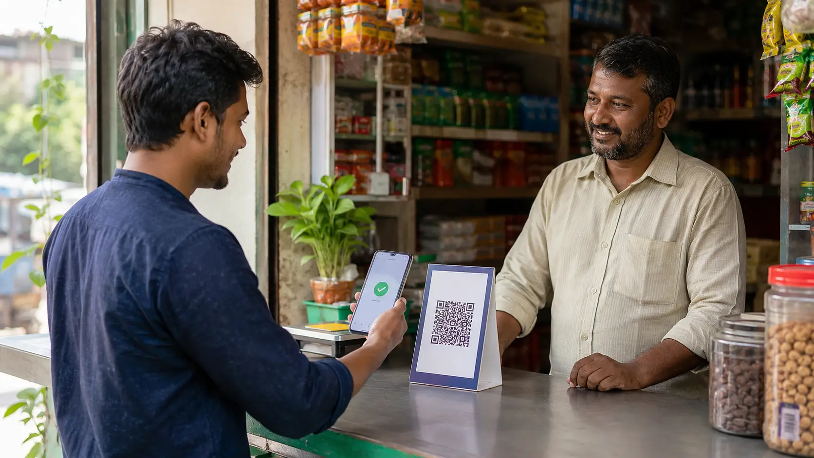 বাংলাদেশের একটি দোকানে স্মার্টফোন দিয়ে বাংলা কিউআর স্ক্যান করে ডিজিটাল পেমেন্ট করছেন একজন গ্রাহক