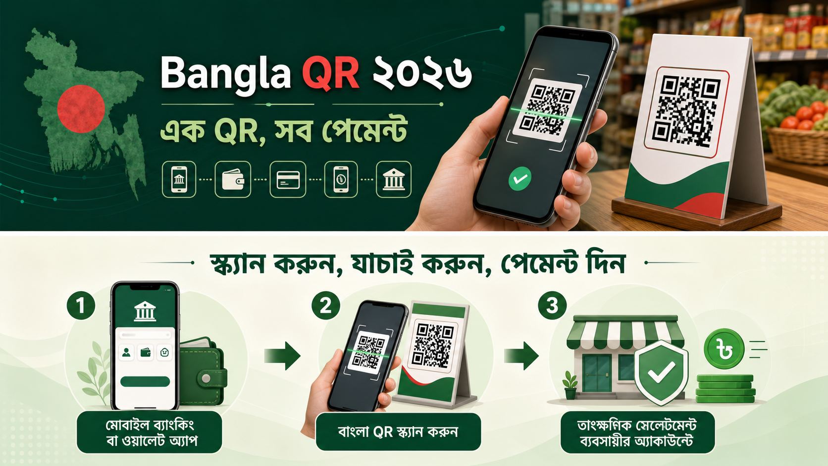 Bangla QR স্ক্যান, merchant যাচাই এবং payment settlement-এর ধাপ