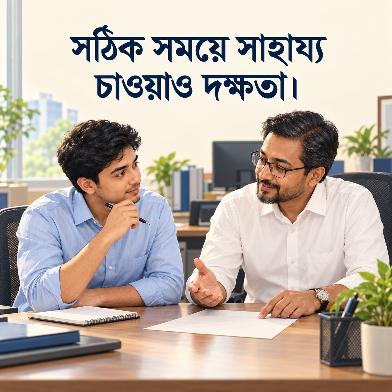 দুই ব্যাংকিং সহকর্মী আলোচনা করে সমাধান খুঁজছেন; সঠিক সময়ে সাহায্য চাওয়াও দক্ষতা।