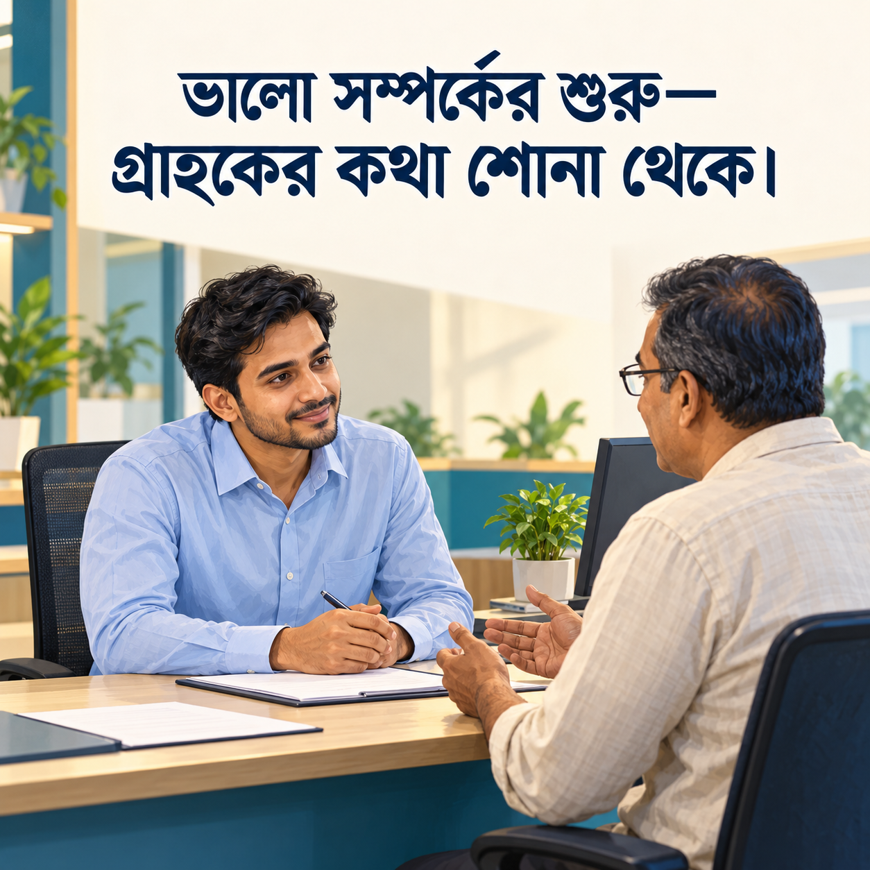 একজন ব্যাংক কর্মকর্তা মন দিয়ে গ্রাহকের কথা শুনছেন; লেখা: ভালো সম্পর্কের শুরু—গ্রাহকের কথা শোনা থেকে।