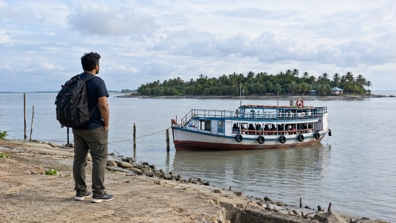 নৌঘাটে যাত্রীবাহী নৌকা ও দূরের সবুজ তীর—AI নির্মিত প্রতীকী উপকূলীয় দৃশ্য