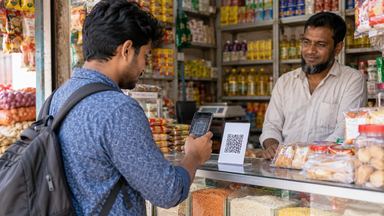 দোকানে স্মার্টফোন দিয়ে QR পেমেন্টের প্রস্তুতি—AI নির্মিত প্রতীকী দৃশ্য