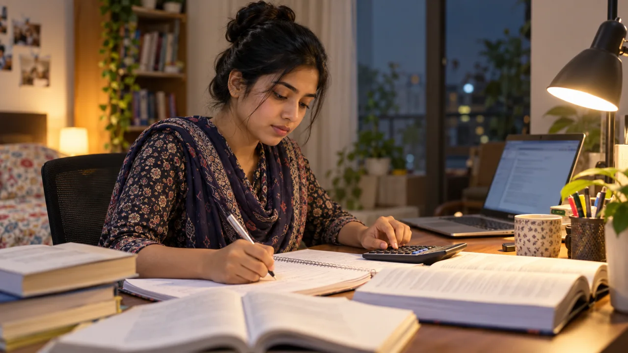 বই, নোটবুক ও ক্যালকুলেটর নিয়ে ব্যাংকিং পরীক্ষার প্রস্তুতি—AI নির্মিত প্রতীকী দৃশ্য